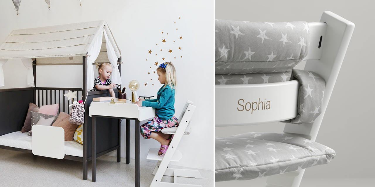 Tripp Trapp&reg; Whitewash with Grey Star Cushion. Personalised. Detail.